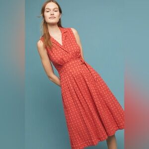 Anthropologie Elm Collared Dress Rust Orange Brick Red US 10 Midi Pockets Belted